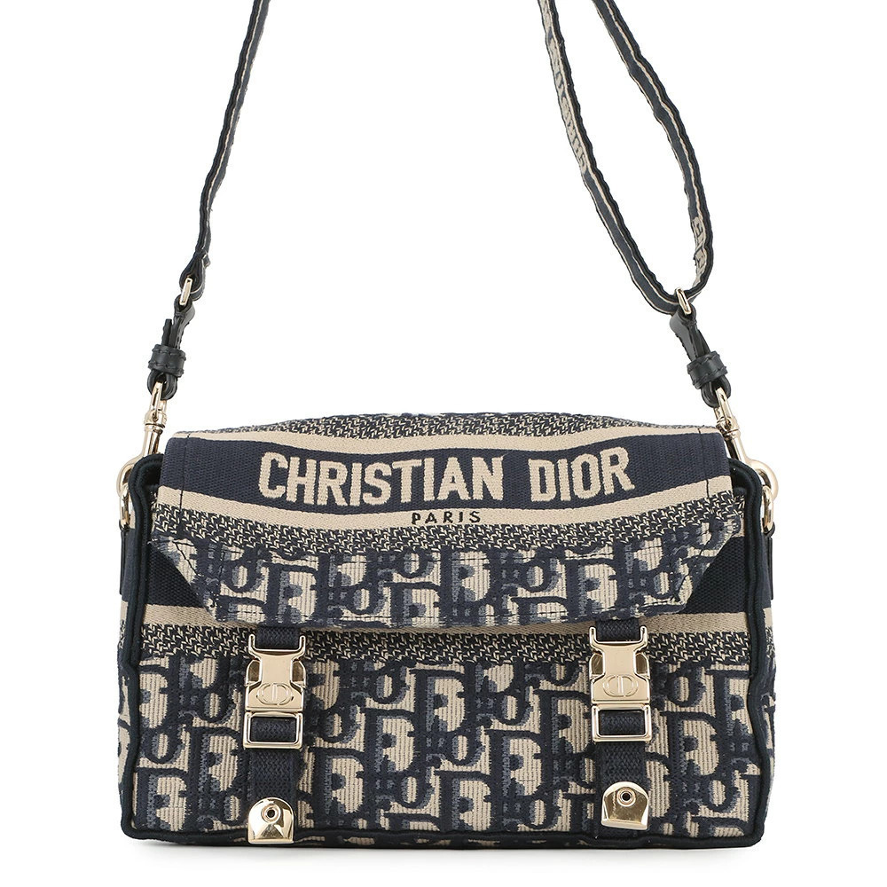 Christian Dior Diorcamp Oblique Embroidery Shoulder Bag Canvas Leather Black